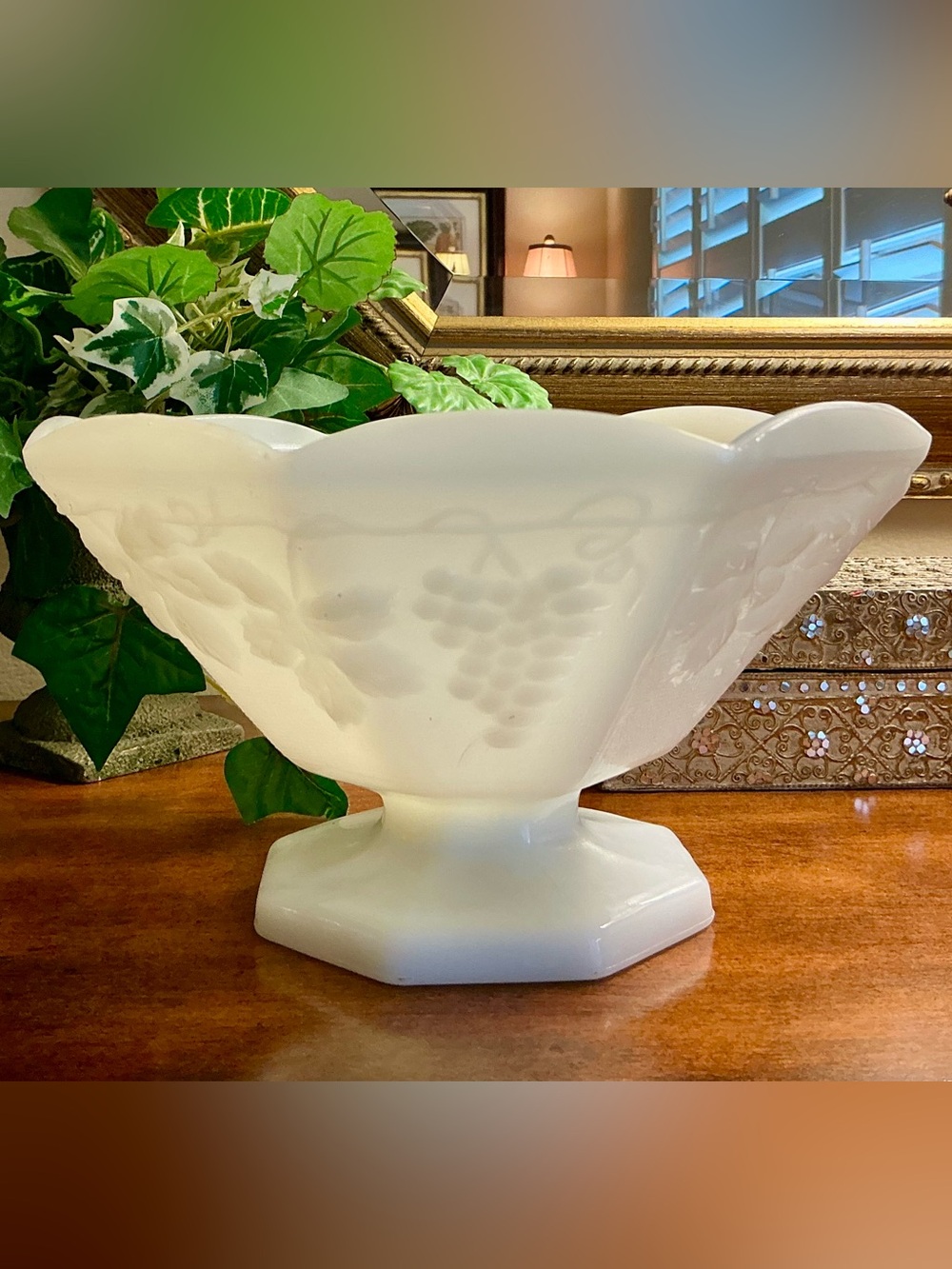 Vintage Anchor Hocking Milk Glass Pedestal Bowl with Grape and Vine Pattern